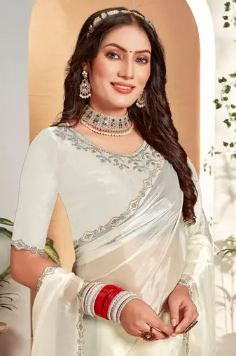 Designer cream handwork zarkan cutwork silk saree