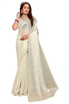 Designer cream handwork zarkan cutwork silk saree 3