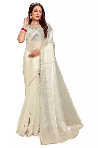 Designer cream handwork zarkan cutwork silk saree