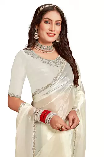 Designer cream handwork zarkan cutwork silk saree