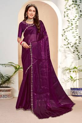 Designer wine handwork zarkan cutwork silk saree 1