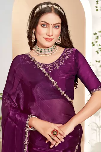 Designer wine handwork zarkan cutwork silk saree