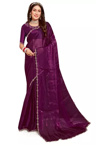 Designer wine handwork zarkan cutwork silk saree