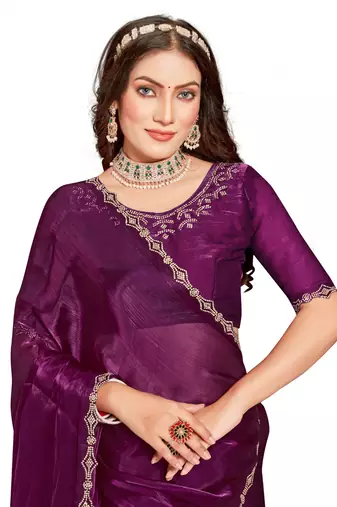 Designer wine handwork zarkan cutwork silk saree