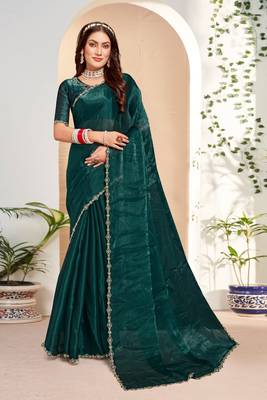 Designer rama green handwork zarkan cutwork silk saree 1