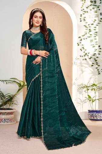 Designer rama green handwork zarkan cutwork silk saree