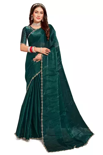 Designer rama green handwork zarkan cutwork silk saree