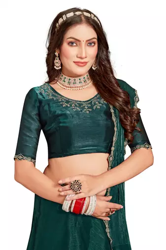 Designer rama green handwork zarkan cutwork silk saree
