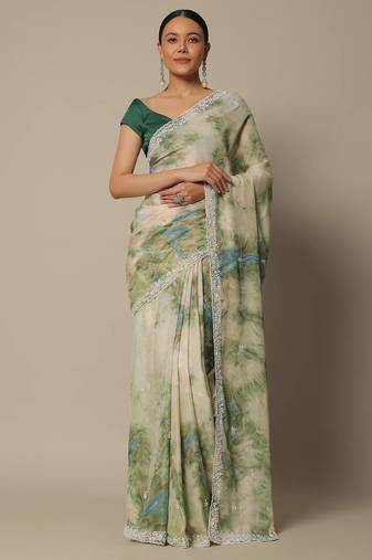 Beige Soft Georgette Digital Printed Thread Saree with Unstitched Blouse 