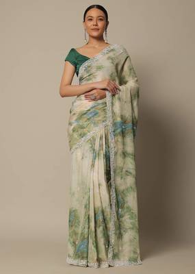 Beige Soft Georgette Digital Printed Thread Saree with Unstitched Blouse  1