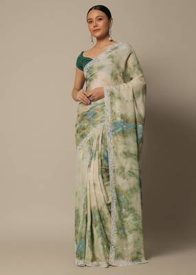 Beige Soft Georgette Digital Printed Thread Saree with Unstitched Blouse  2