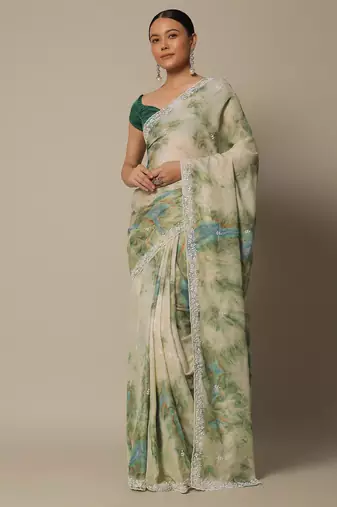 Trendmalls Beige Soft Georgette Digital Printed Thread Saree with Unstitched Blouse 