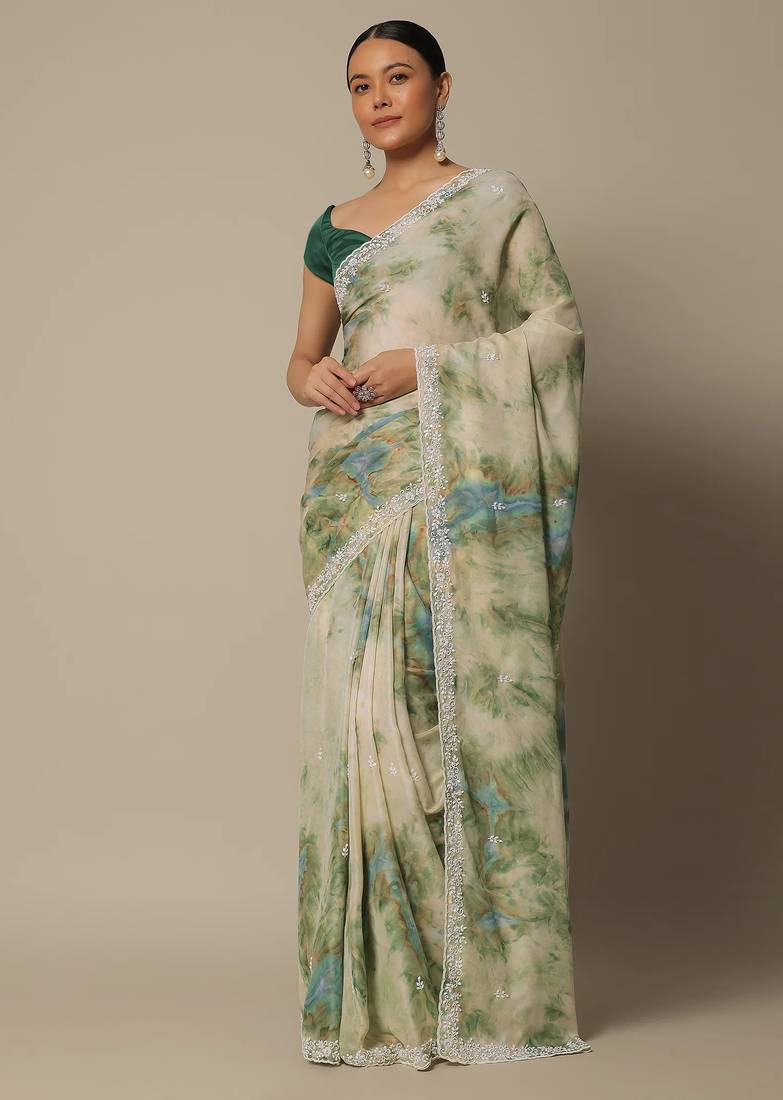Beige Soft Georgette Digital Printed Thread Saree with Unstitched Blouse 