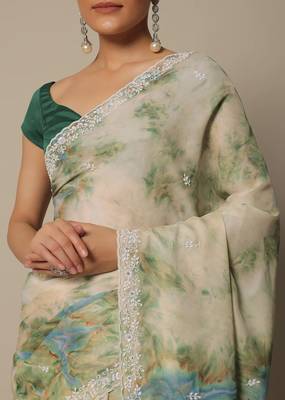 Beige Soft Georgette Digital Printed Thread Saree with Unstitched Blouse  3