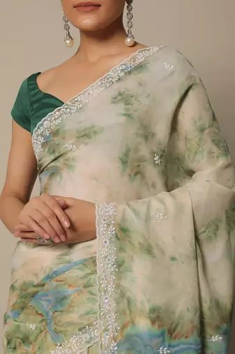 Trendmalls Beige Soft Georgette Digital Printed Thread Saree with Unstitched Blouse 
