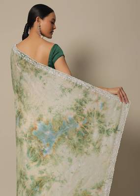 Beige Soft Georgette Digital Printed Thread Saree with Unstitched Blouse  4