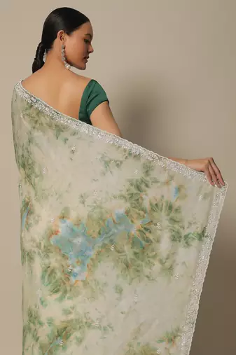 Trendmalls Beige Soft Georgette Digital Printed Thread Saree with Unstitched Blouse 