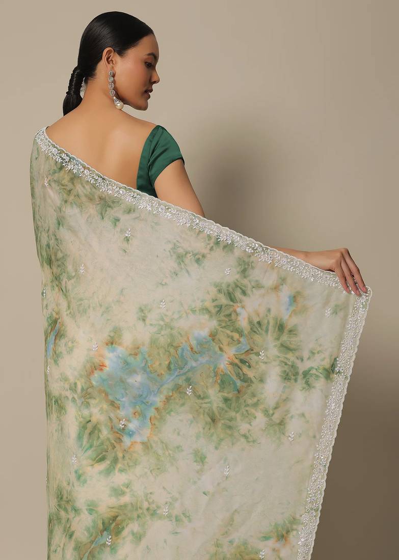 Beige Soft Georgette Digital Printed Thread Saree with Unstitched Blouse 