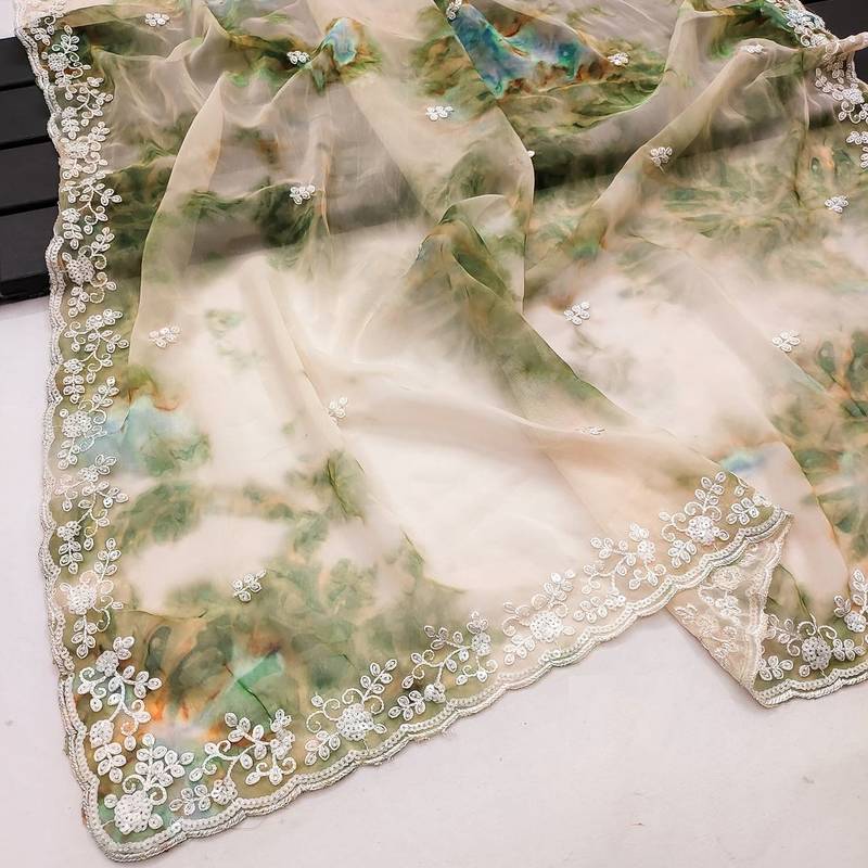 Beige Soft Georgette Digital Printed Thread Saree with Unstitched Blouse 