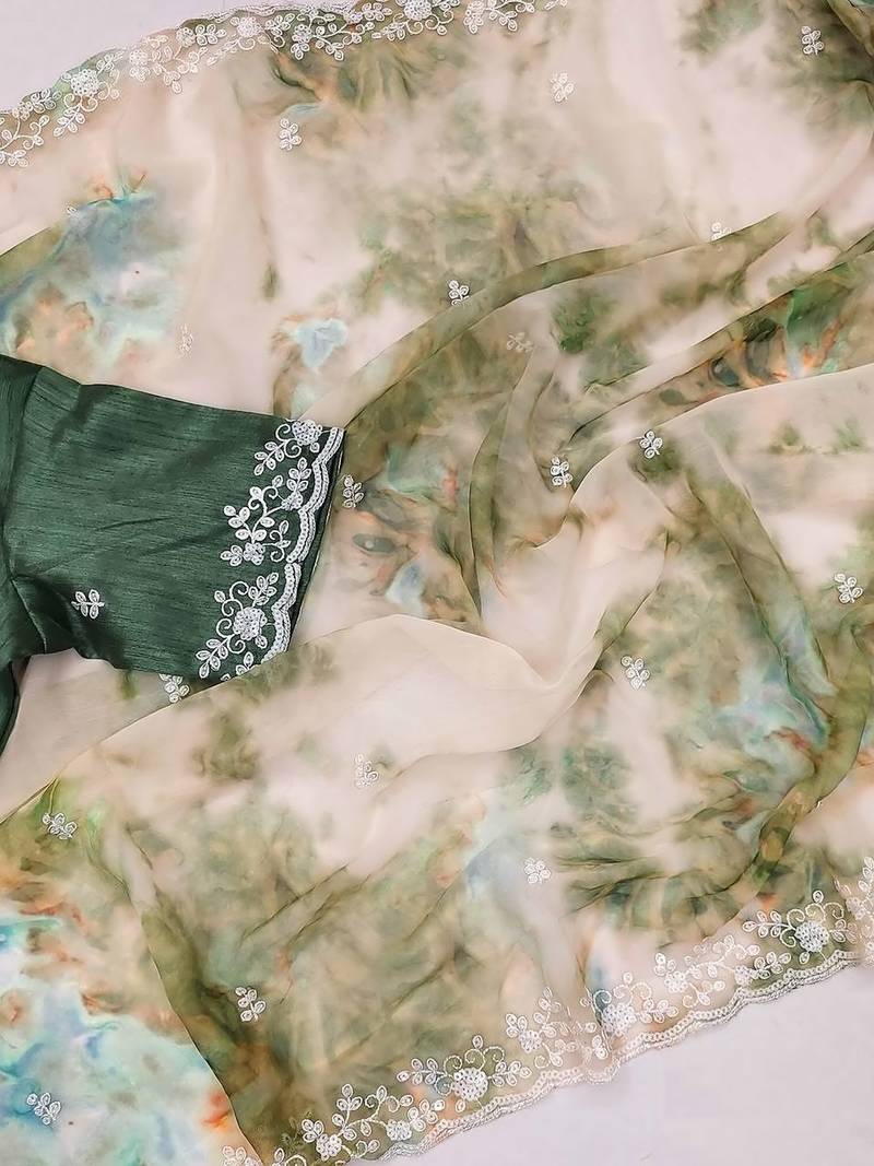 Beige Soft Georgette Digital Printed Thread Saree with Unstitched Blouse 