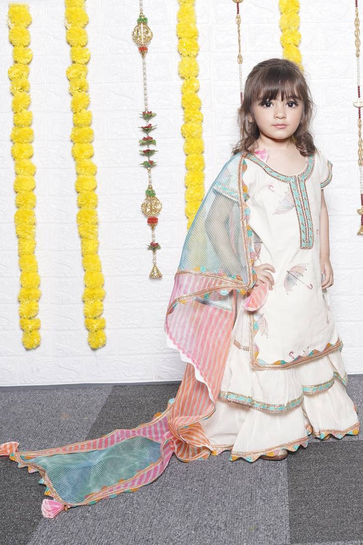  Off White Umbrella Embroidery Kurti Sharara