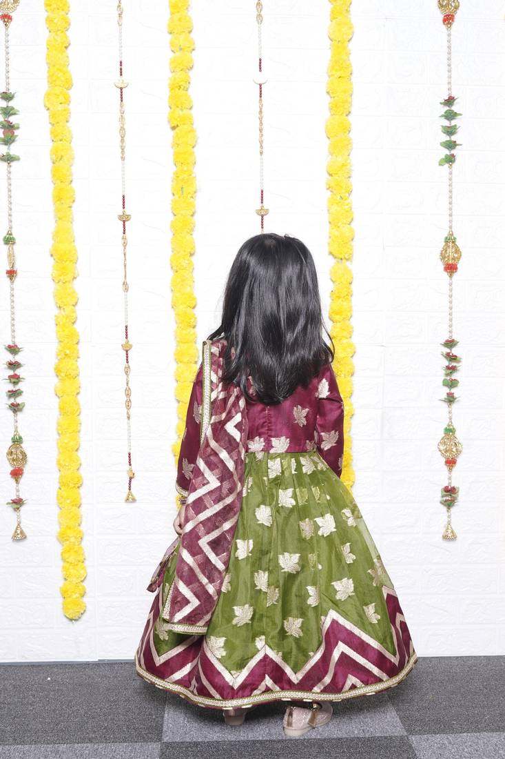 Mehroon Green Anarkali Chanderi