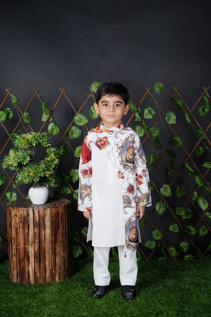 White Kurta Pant With lion Printed 
