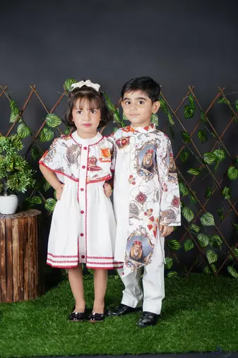 White Kurta Pant With lion Printed 