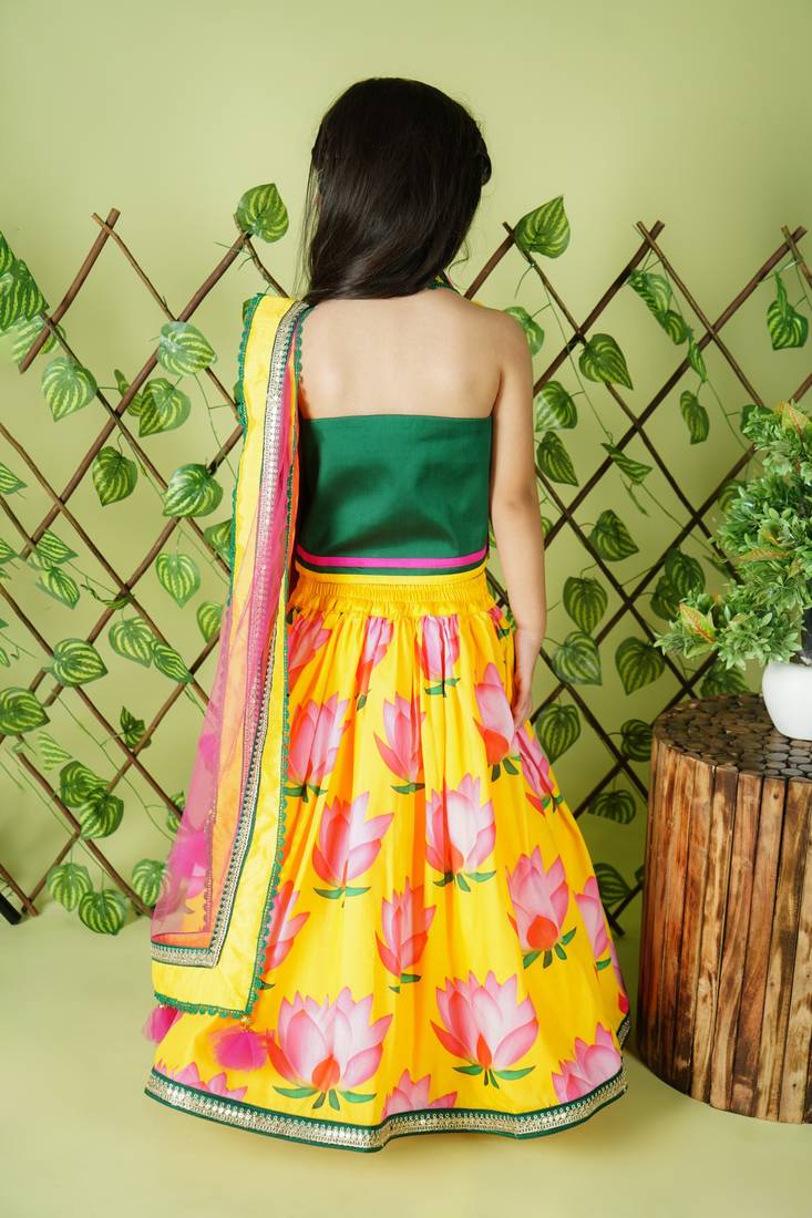 Lotus Printed Yellow Lehenga Choli