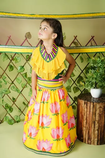 Lotus Printed Yellow Lehenga Choli