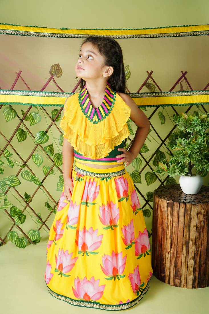 Lotus Printed Yellow Lehenga Choli