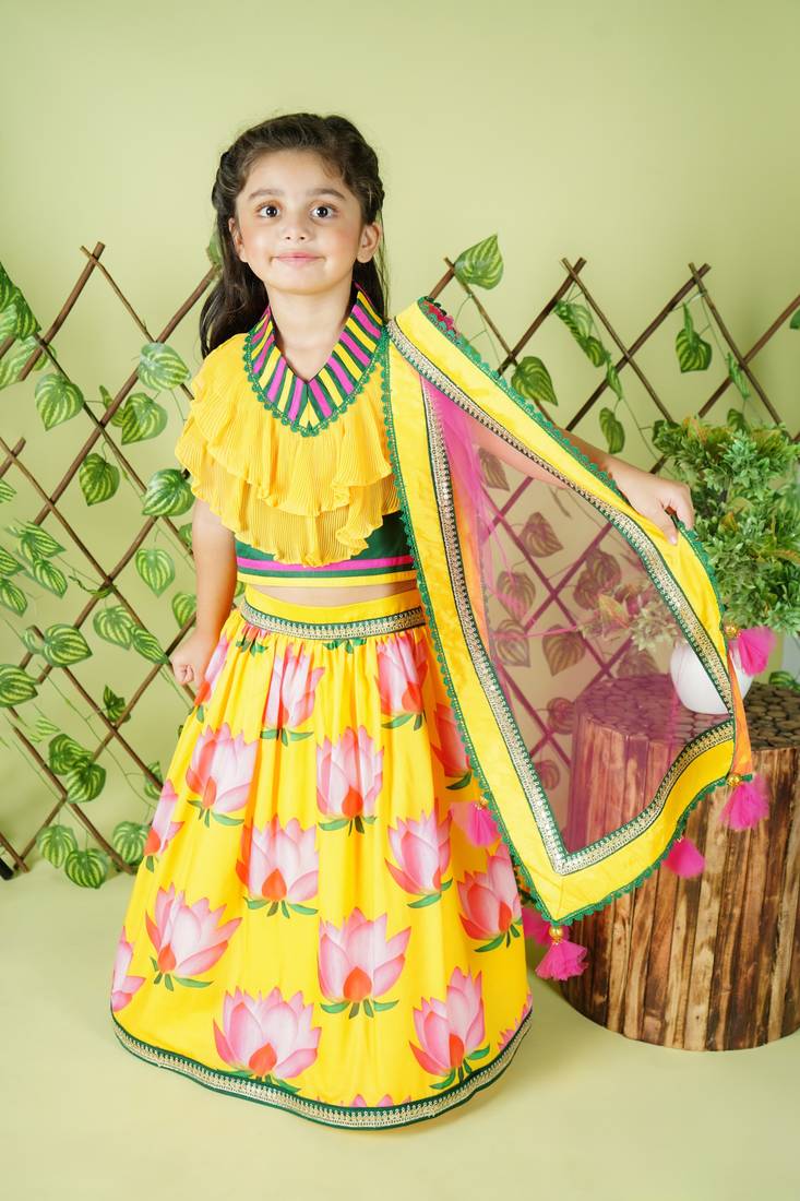 Lotus Printed Yellow Lehenga Choli