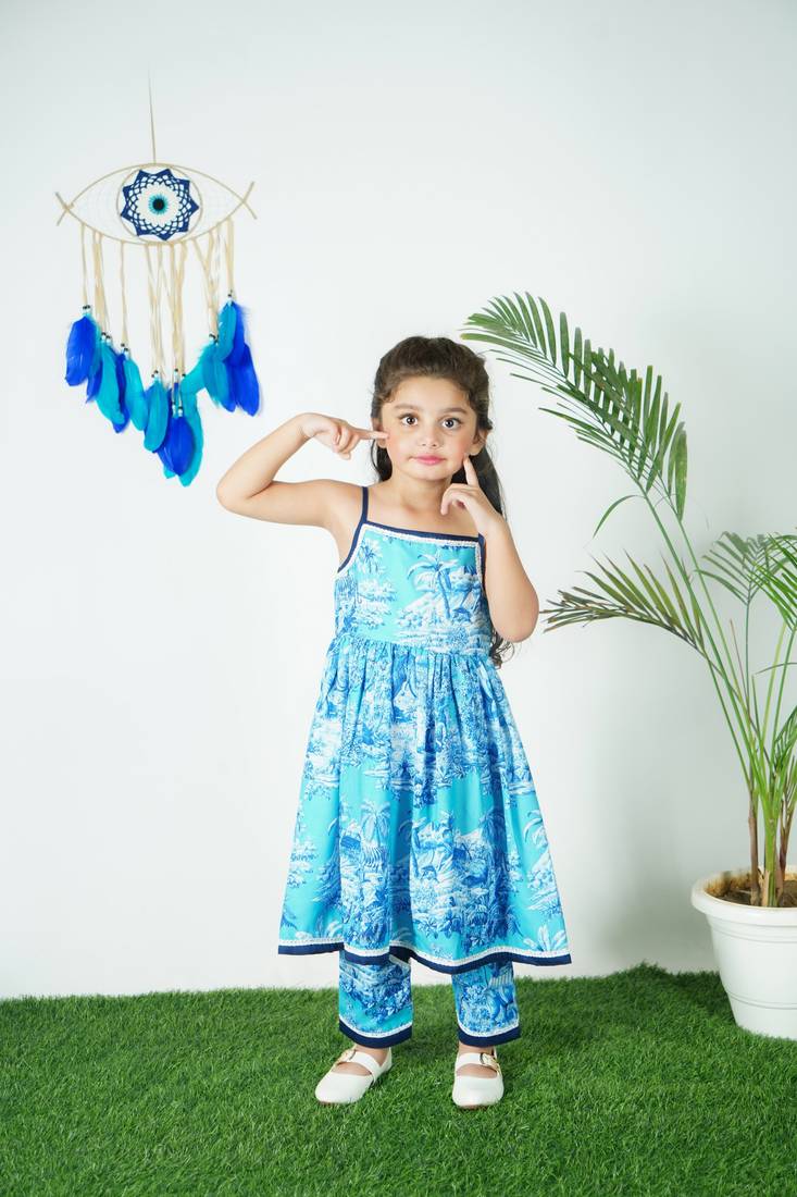 Blue Printed Kurti With Pant