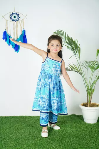 Blue Printed Kurti With Pant
