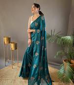 Rama Silk Blend Embroidery Work Saree with Blouse For Women