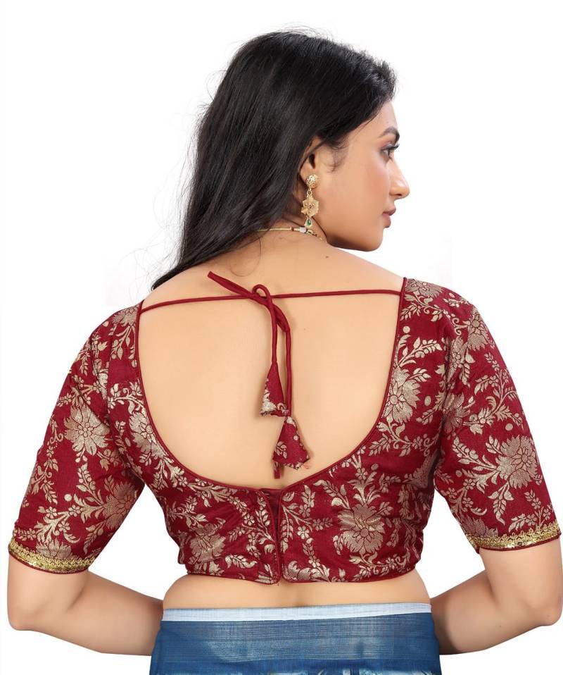 Maroon Jacquard Dola Silk readymade blouse