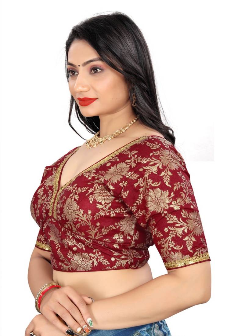 Maroon Jacquard Dola Silk readymade blouse