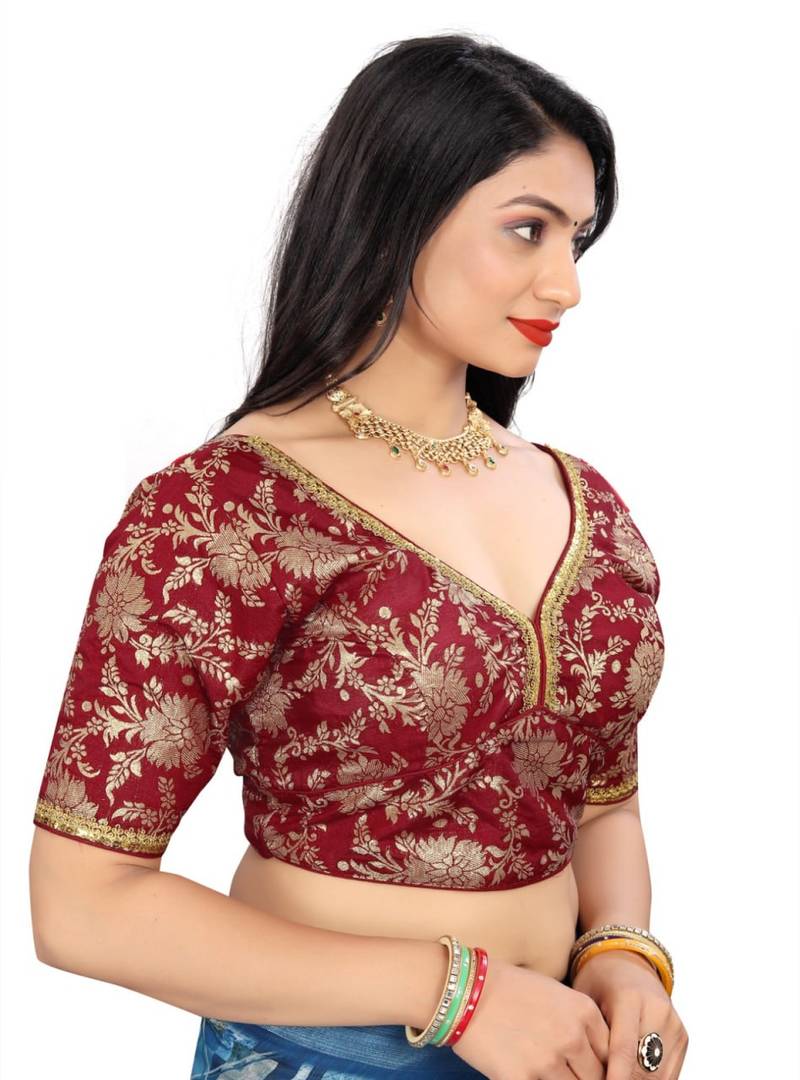 Maroon Jacquard Dola Silk readymade blouse