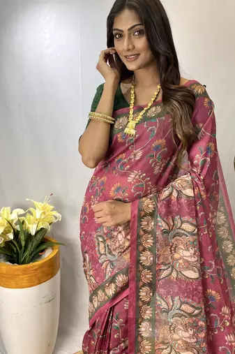 Pink Chanderi Style Cotton Saree And Digital Printed Saree With Blouse For Women