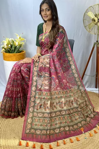 Pink Chanderi Style Cotton Saree And Digital Printed Saree With Blouse For Women