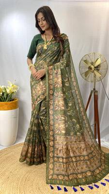 Green Chanderi Style Cotton Saree And Digital Printed Saree With Blouse For Women 1