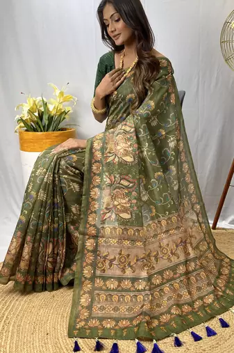 Green Chanderi Style Cotton Saree And Digital Printed Saree With Blouse For Women