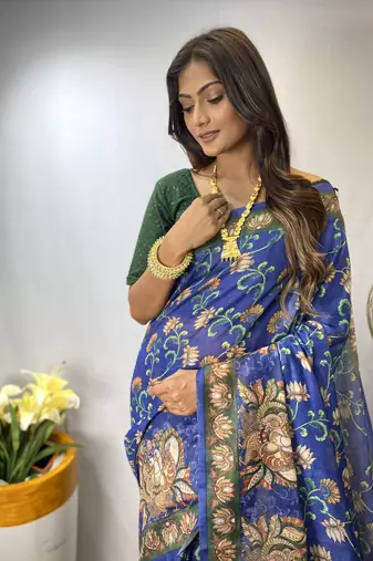 Blue Chanderi Style Cotton Saree And Digital Printed Saree With Blouse For Women