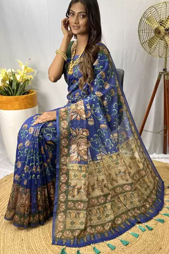 Blue Chanderi Style Cotton Saree And Digital Printed Saree With Blouse For Women