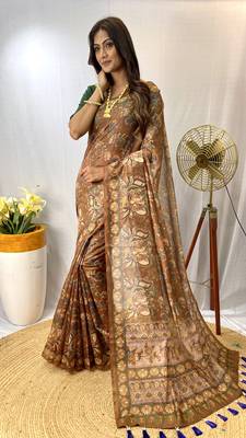Brown Chanderi Style Cotton Saree And Digital Printed Saree With Blouse For Women 1