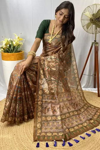 Brown Chanderi Style Cotton Saree And Digital Printed Saree With Blouse For Women