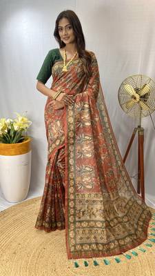 Orange Chanderi Style Cotton Saree And Digital Printed Saree With Blouse For Women 1