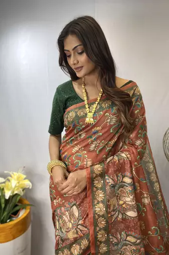 Orange Chanderi Style Cotton Saree And Digital Printed Saree With Blouse For Women