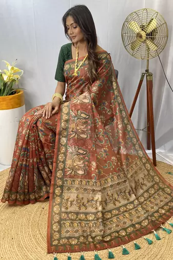 Orange Chanderi Style Cotton Saree And Digital Printed Saree With Blouse For Women