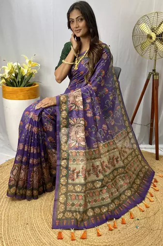 Purple Chanderi Style Cotton Saree And Digital Printed Saree With Blouse For Women